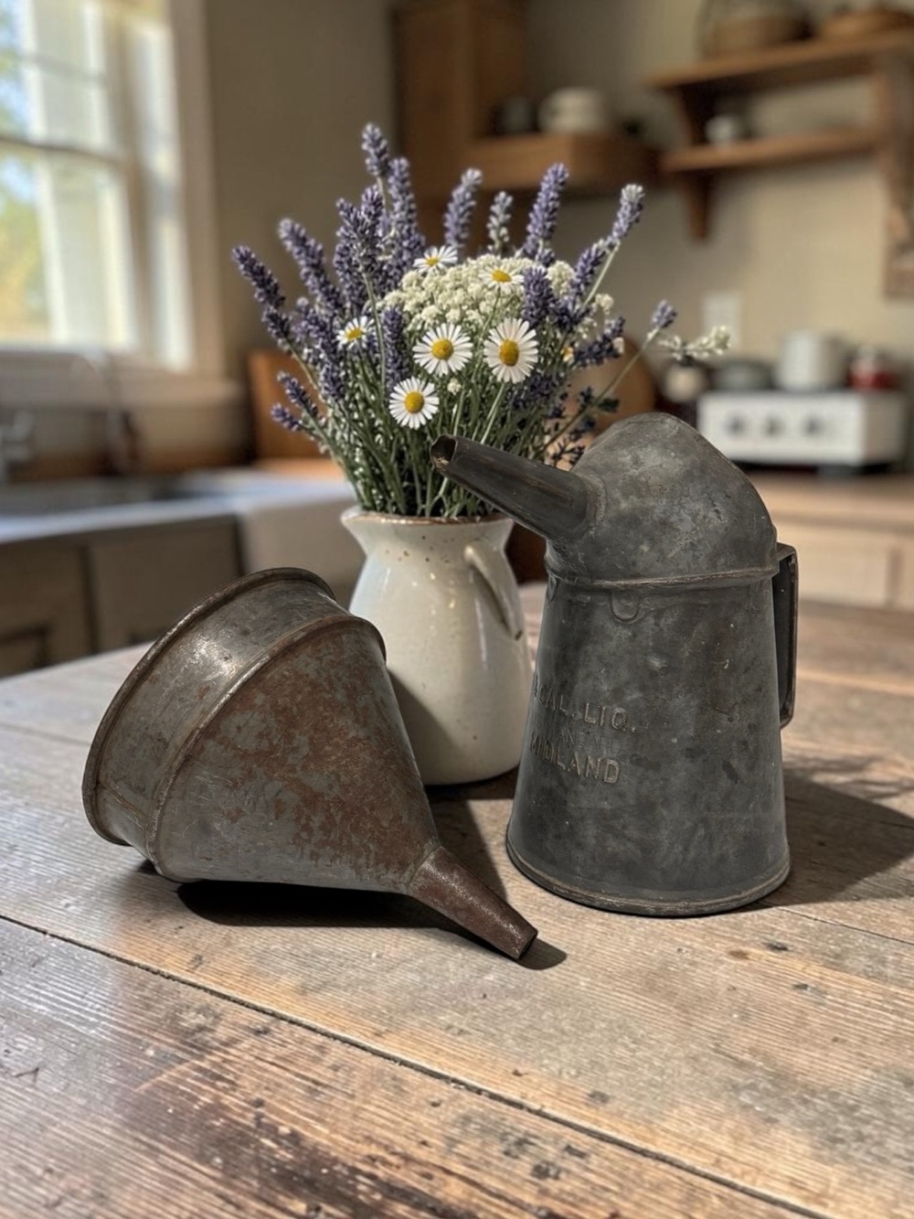 Vintage Midland Galvanized Oil Can and Funnel-Farmhouse Rustic Decor